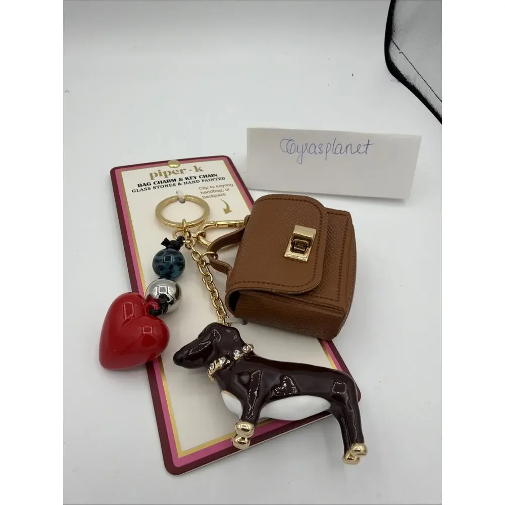 Piper‎ K Bag Charm Keychain Dachshund Doxie Heart Purse Faux Leather Gold Tone